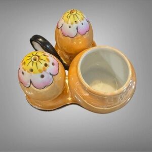 VINTAGE NORITAKE CONDIMENT SET SALT PEPPER MUSTARD TRI-LEAF BASE LUSTERWARE